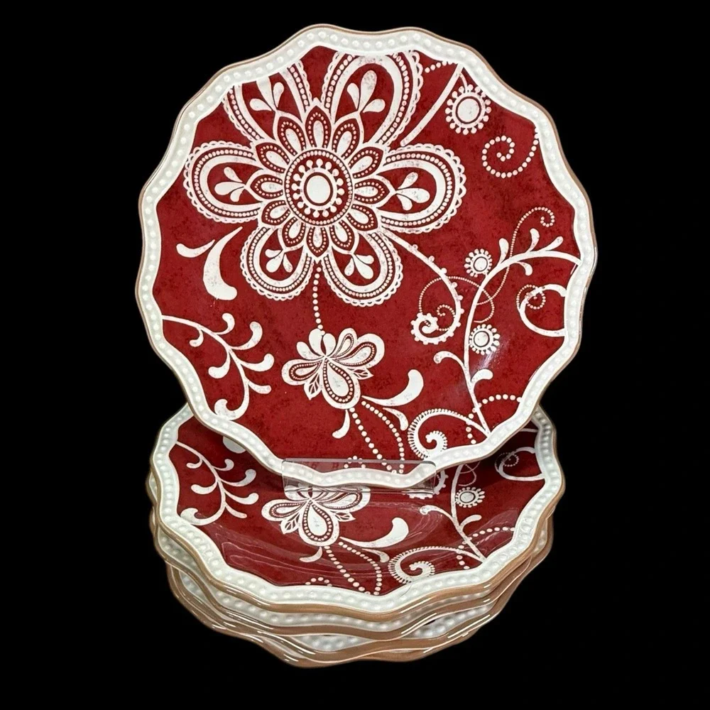 PIER 1 Maribeth Salad Dessert Plates Cranberry Scalloped Retired Set Of‎ 5